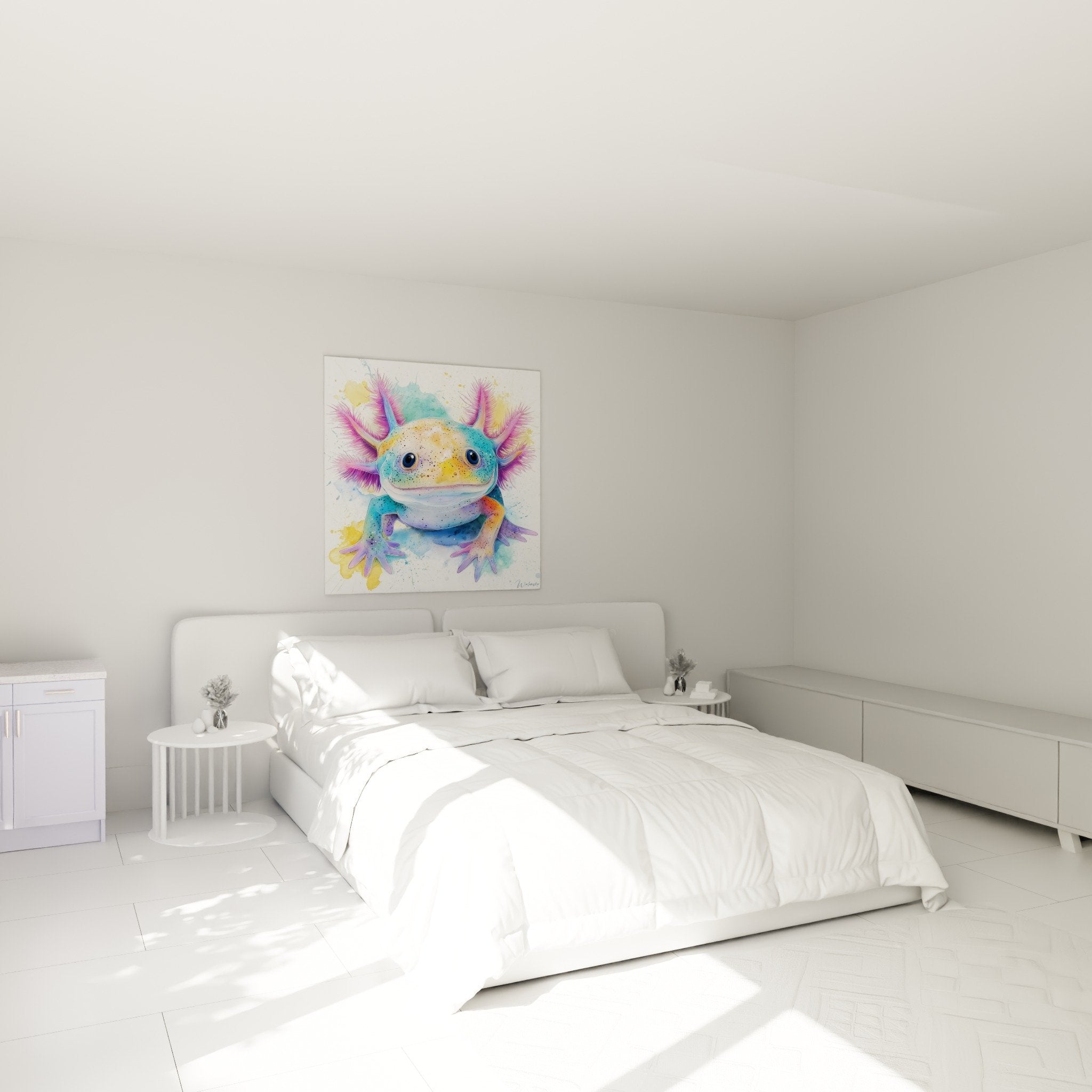 Tableau axolotl coloré exposé dans chambre moderne aux murs blancs et décoration contemporaine
