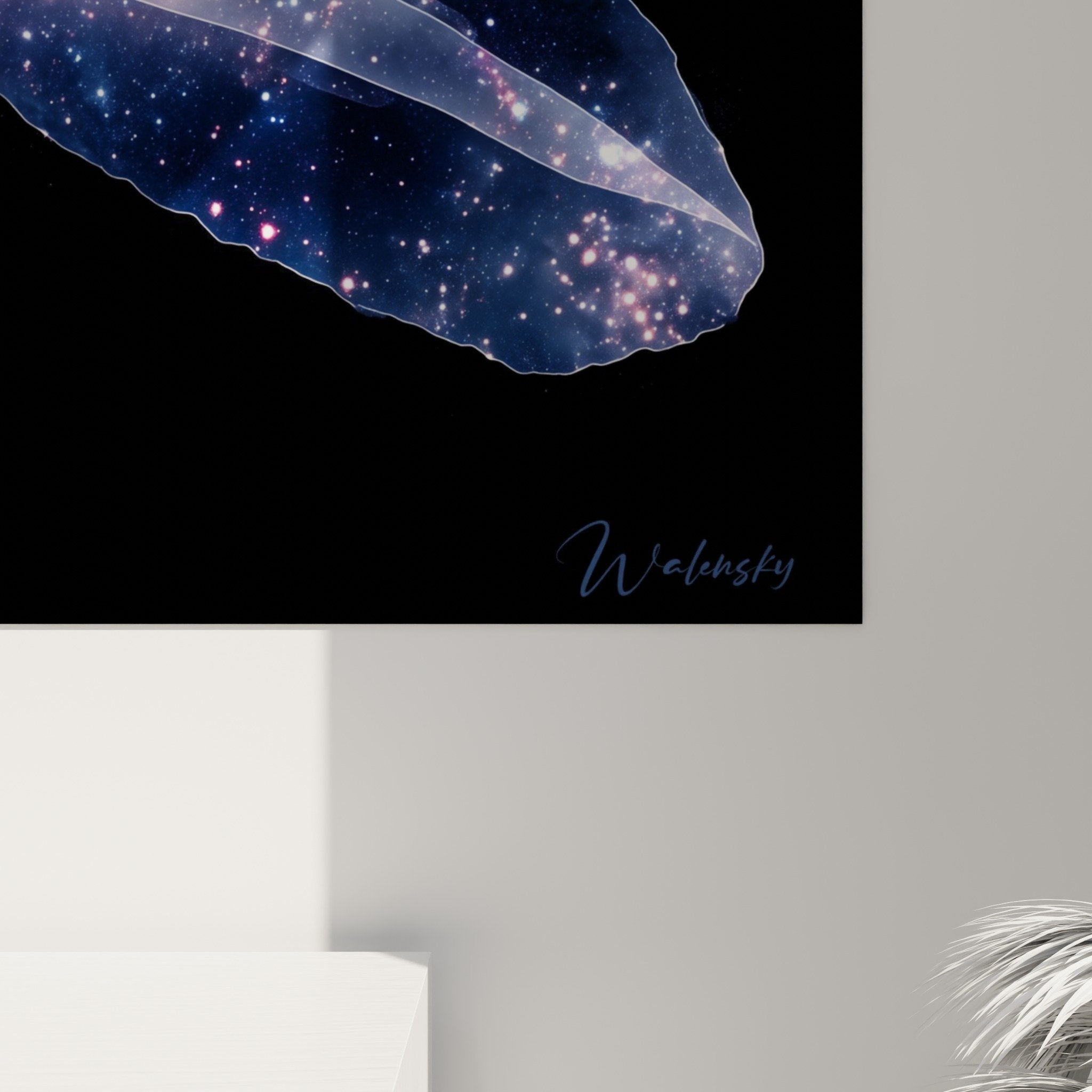 Vue axolotl artistique translucide motifs galactiques branchies violettes effet cosmique contemporain