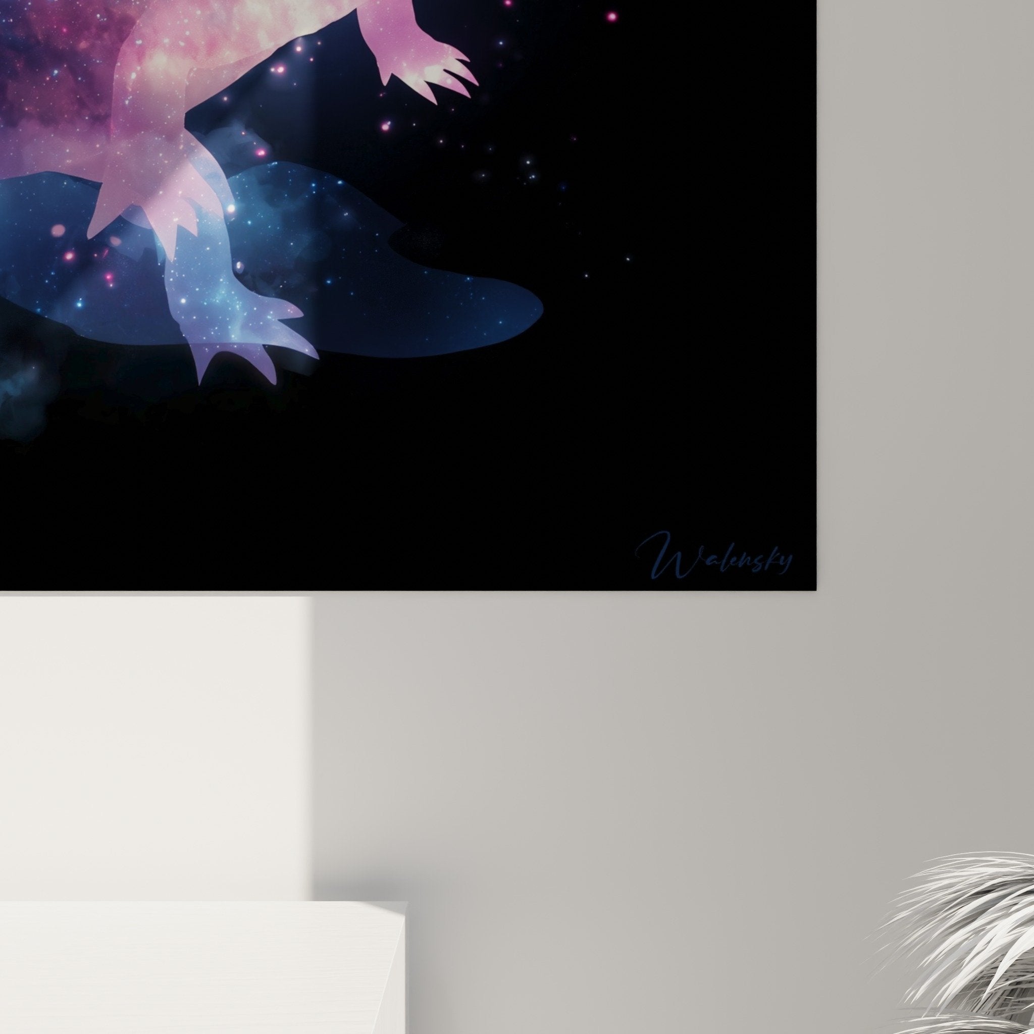 Full view of purple pink galactic axolotl wall art integrated into contemporary interior decoration