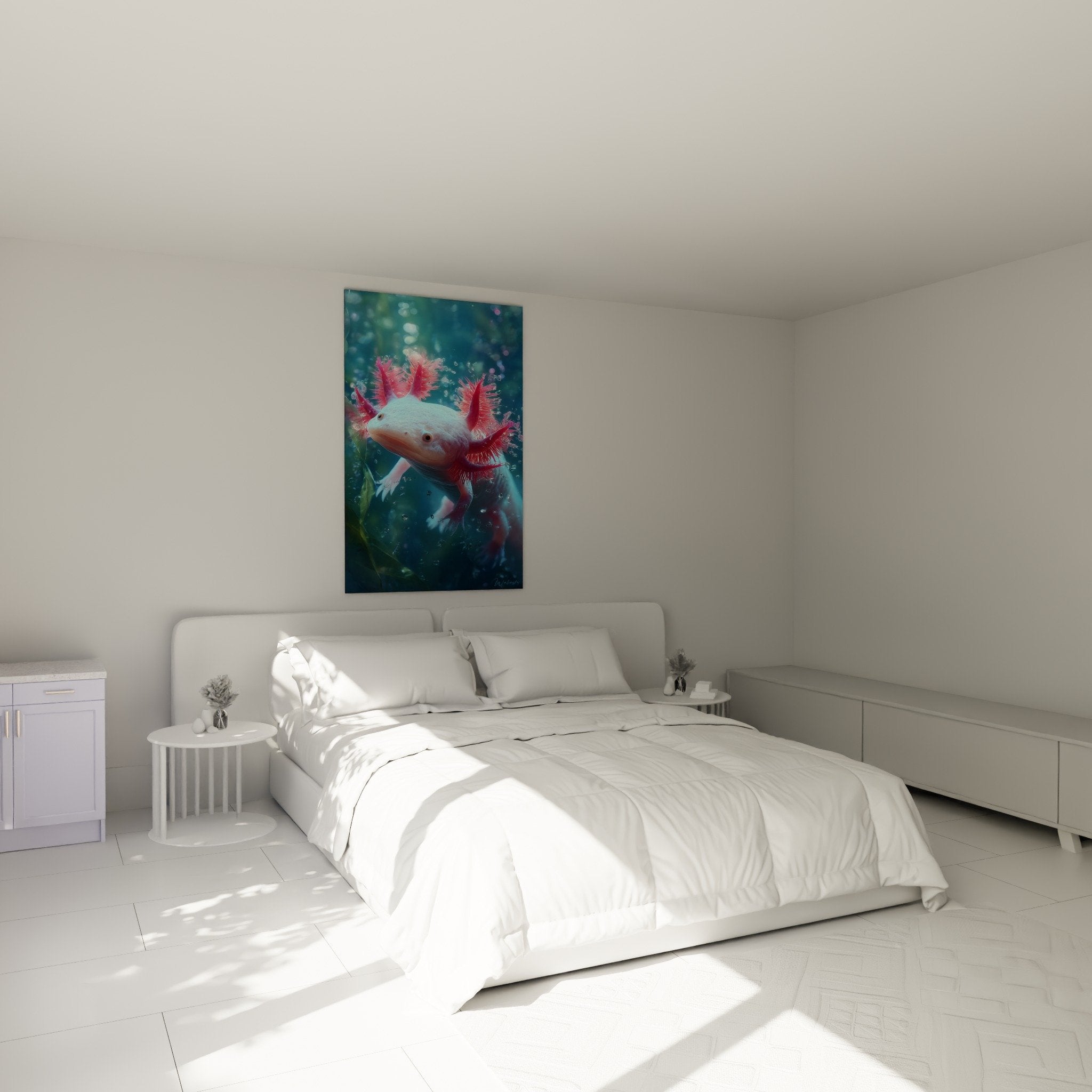 Axolotl-Kunstdruck in Rosa und Blau im modernen Schlafzimmer, beruhigende Atmosphäre mit aquatischer Wanddekoration