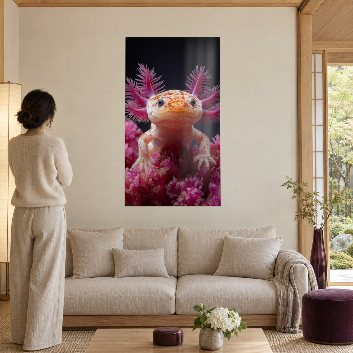 Gemälde Axolotl in Rosa mit gefiederten Kiemen, orangefarbenen Flecken und violetten Korallen, Frau von hinten, über einem Sofa in einem hellen Wohnzimmer