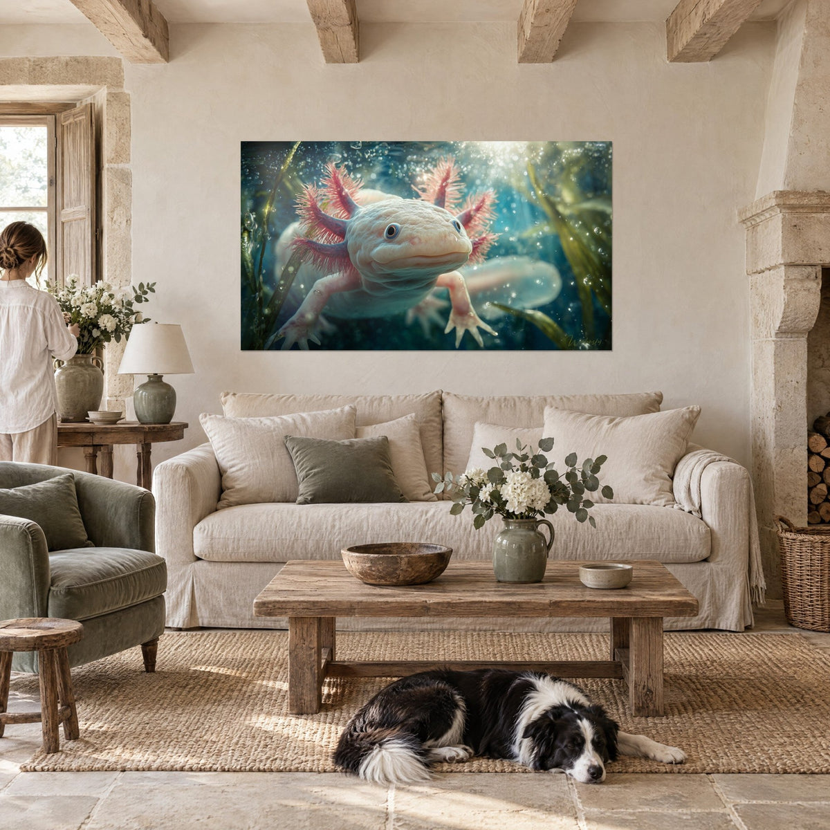 Wall art pink axolotl with scarlet gills floating in turquoise water, golden bubbles, above a sofa in a bright living room