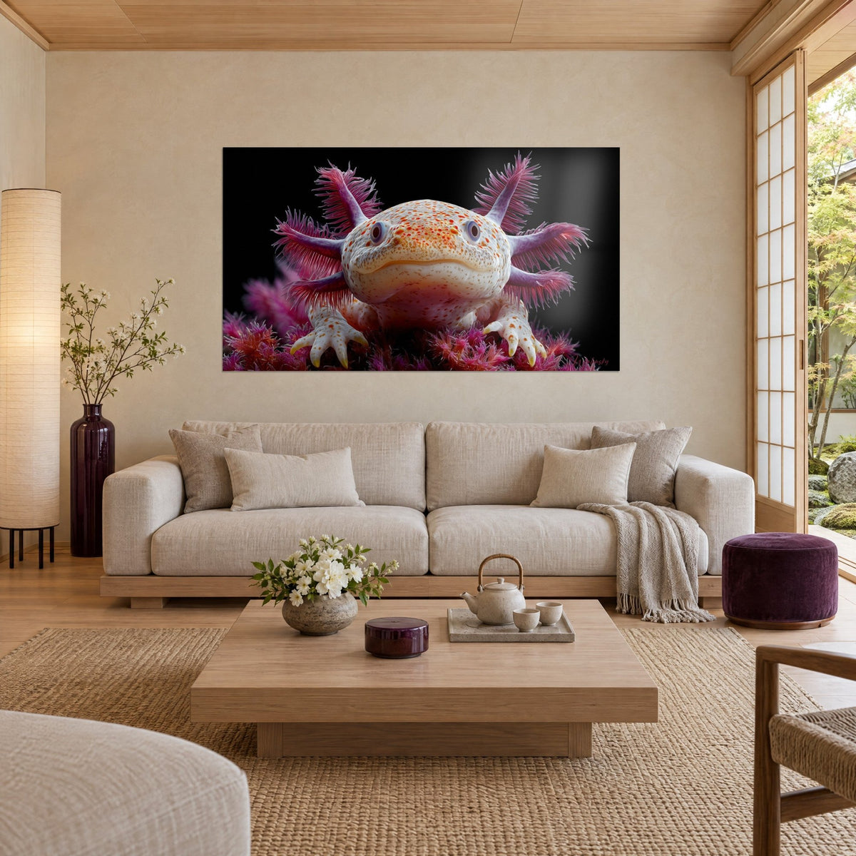 Wall art axolotl with a calm smile, fuchsia gills and cream skin speckled with orange, above a sofa in a bright living room