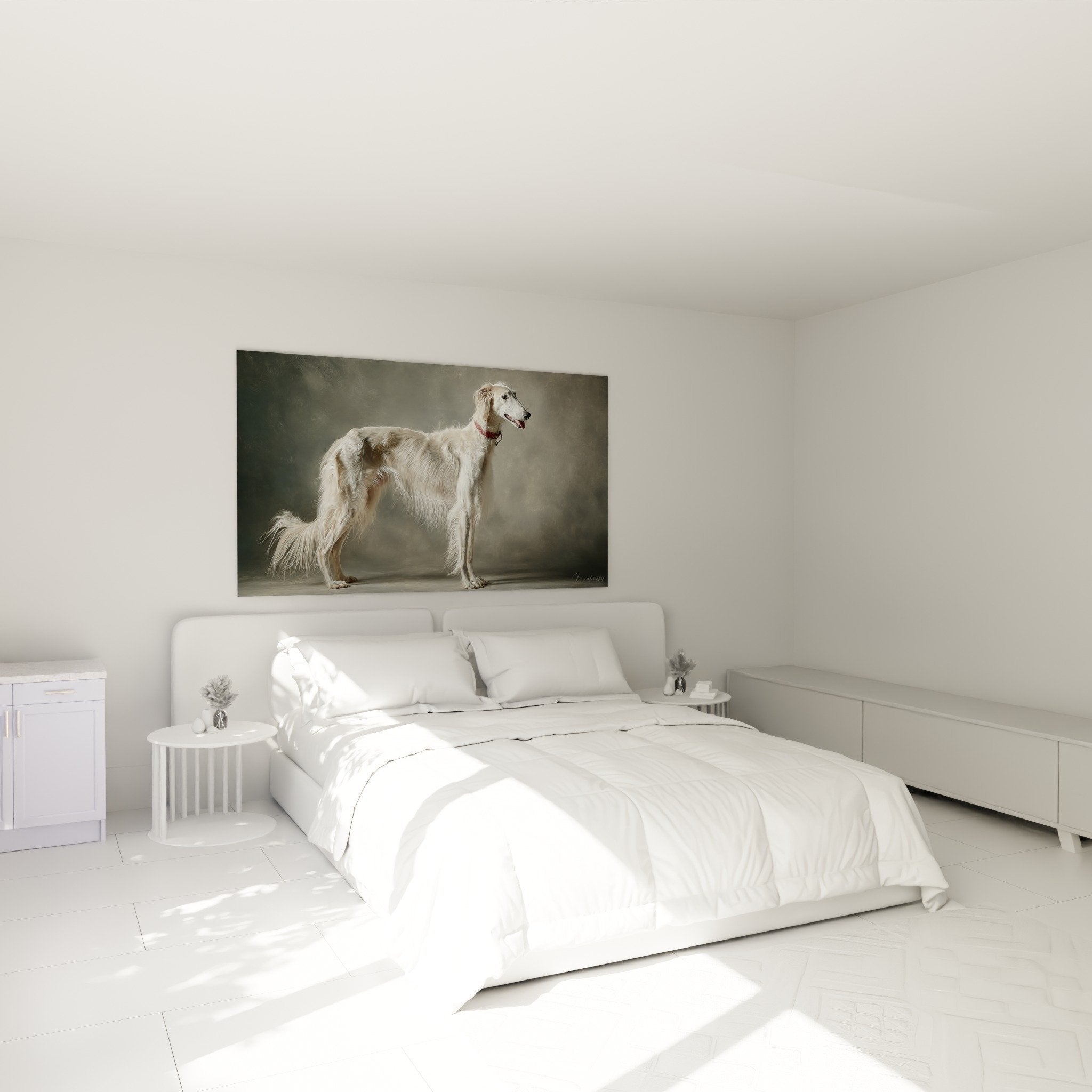 tableau barzoi blanc dans chambre moderne decoration murale levrier elegant ambiance apaisante