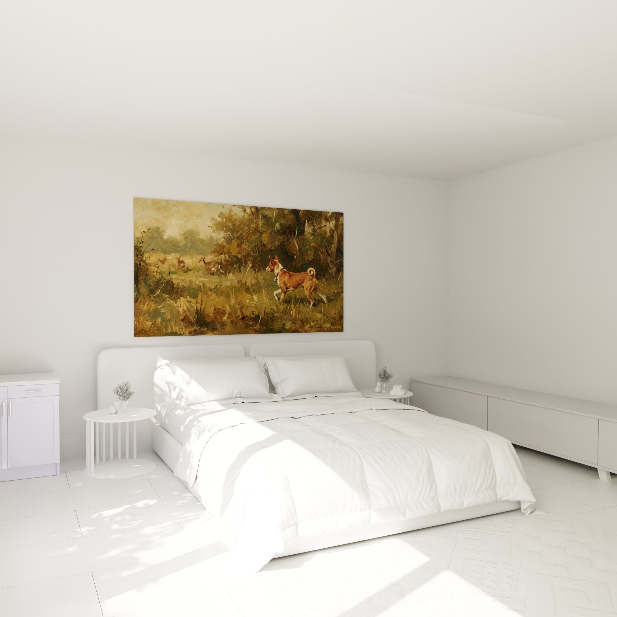 Basenji-Jagdhund-Gemälde in Schlafzimmer mit beigen Wänden, natürlichem Holzmöbel und Safari-Dekoration