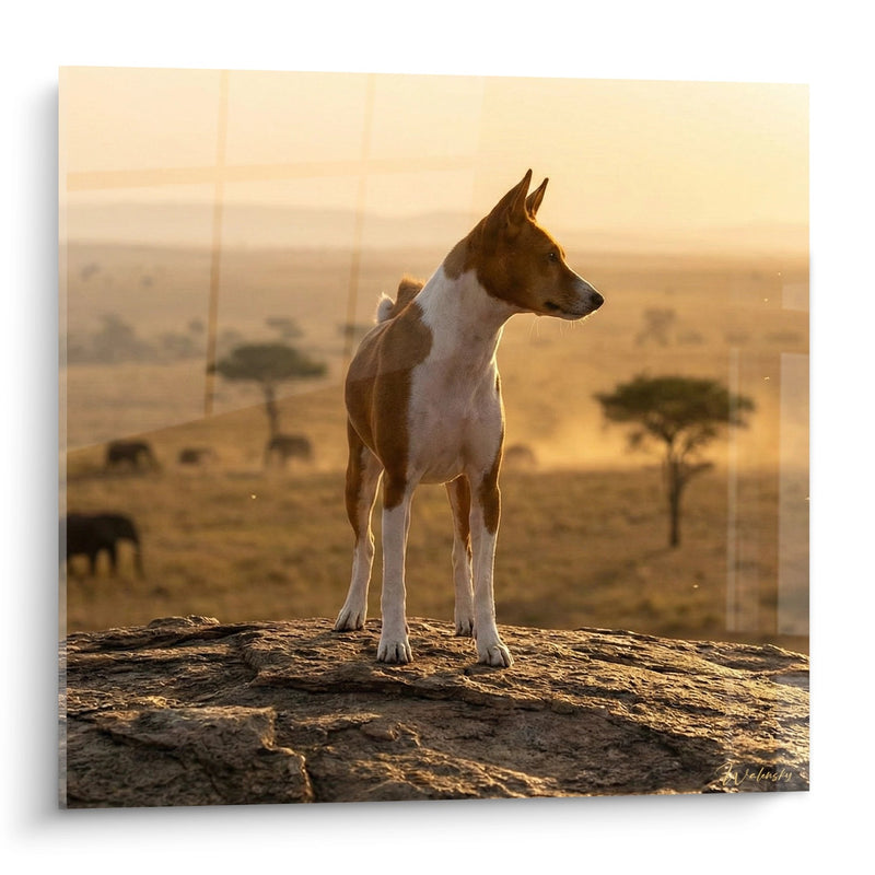 Tableau Chien Basenji au Coucher de Soleil sur Rocher - Vigilance Dorée - Edition Basenji