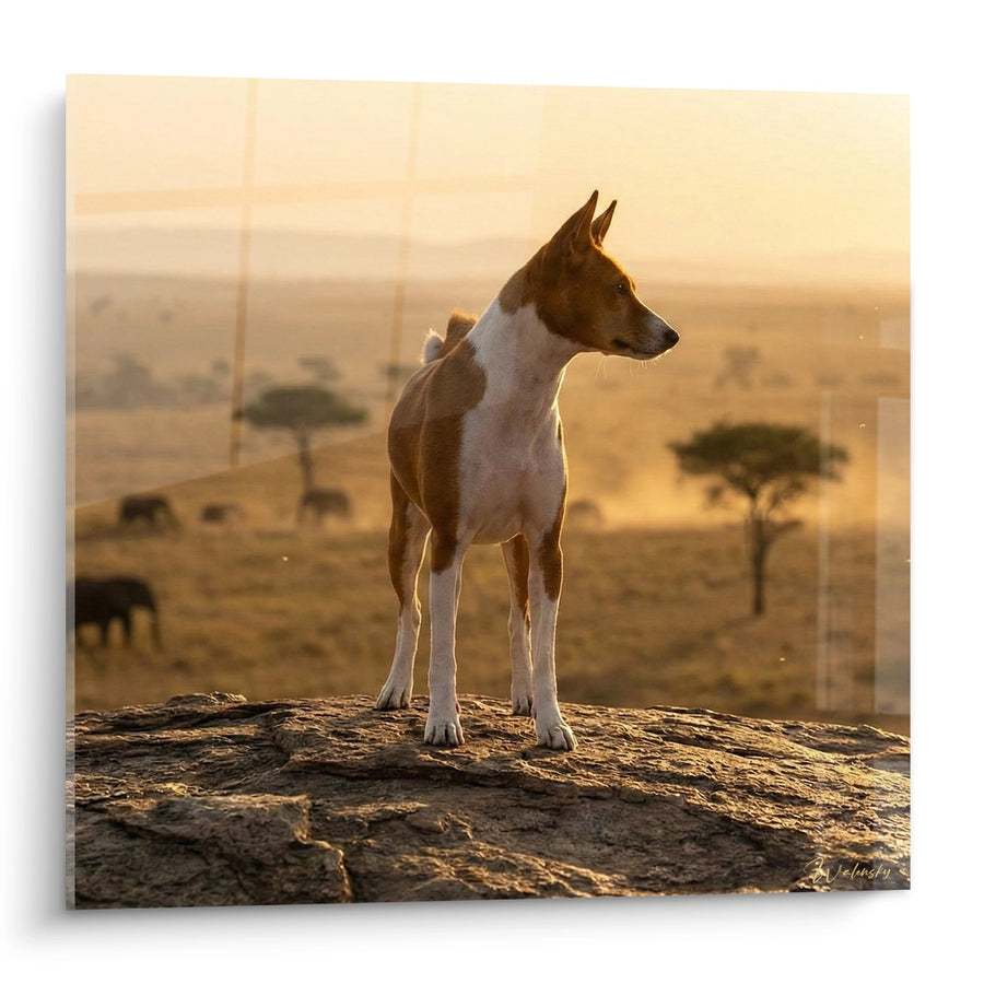 Tableau Chien Basenji au Coucher de Soleil sur Rocher - Vigilance Dorée - Edition Basenji