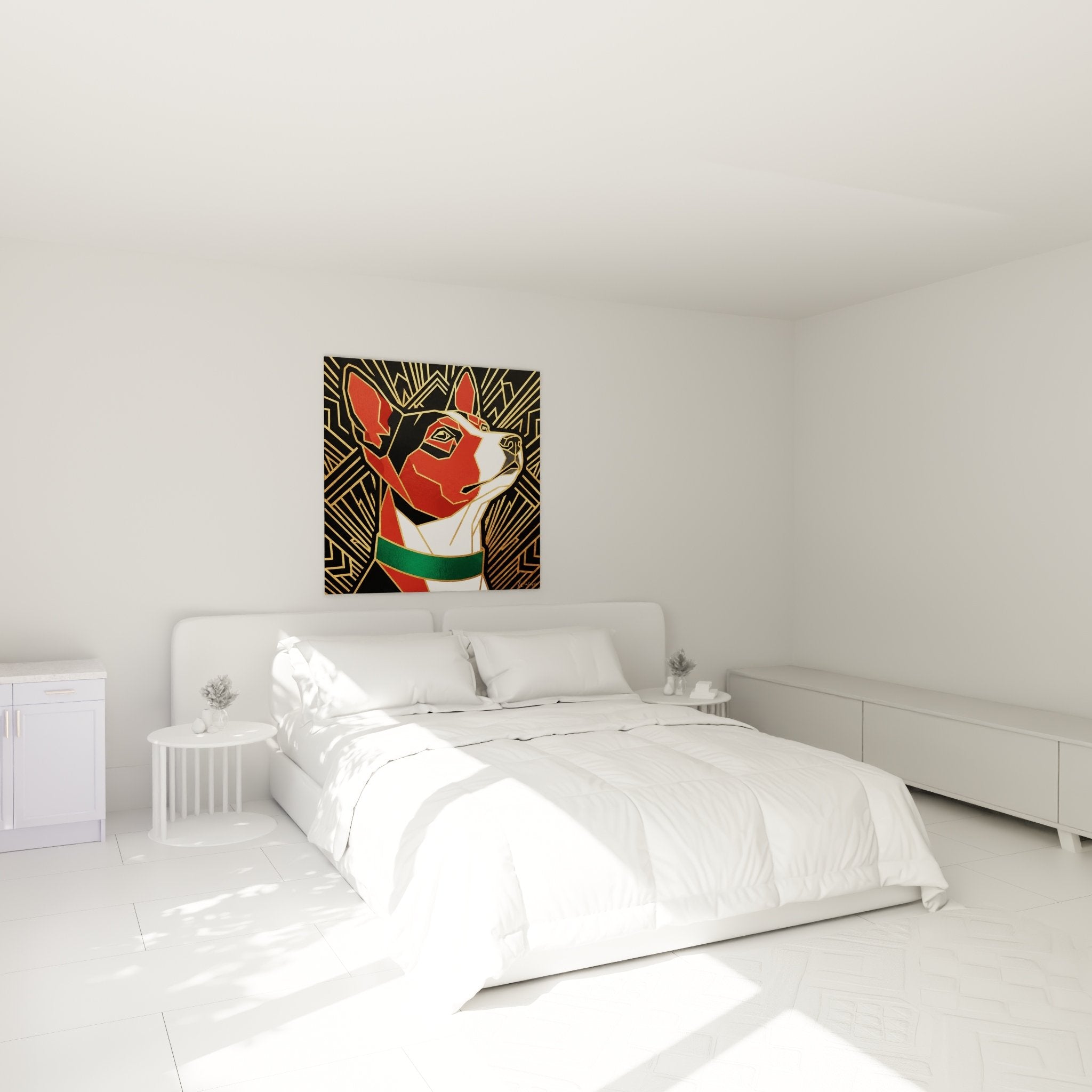 Basenji Art Déco Kunstdruck in Rot und Gold im modernen Schlafzimmer mit eleganter zeitgenössischer Einrichtung