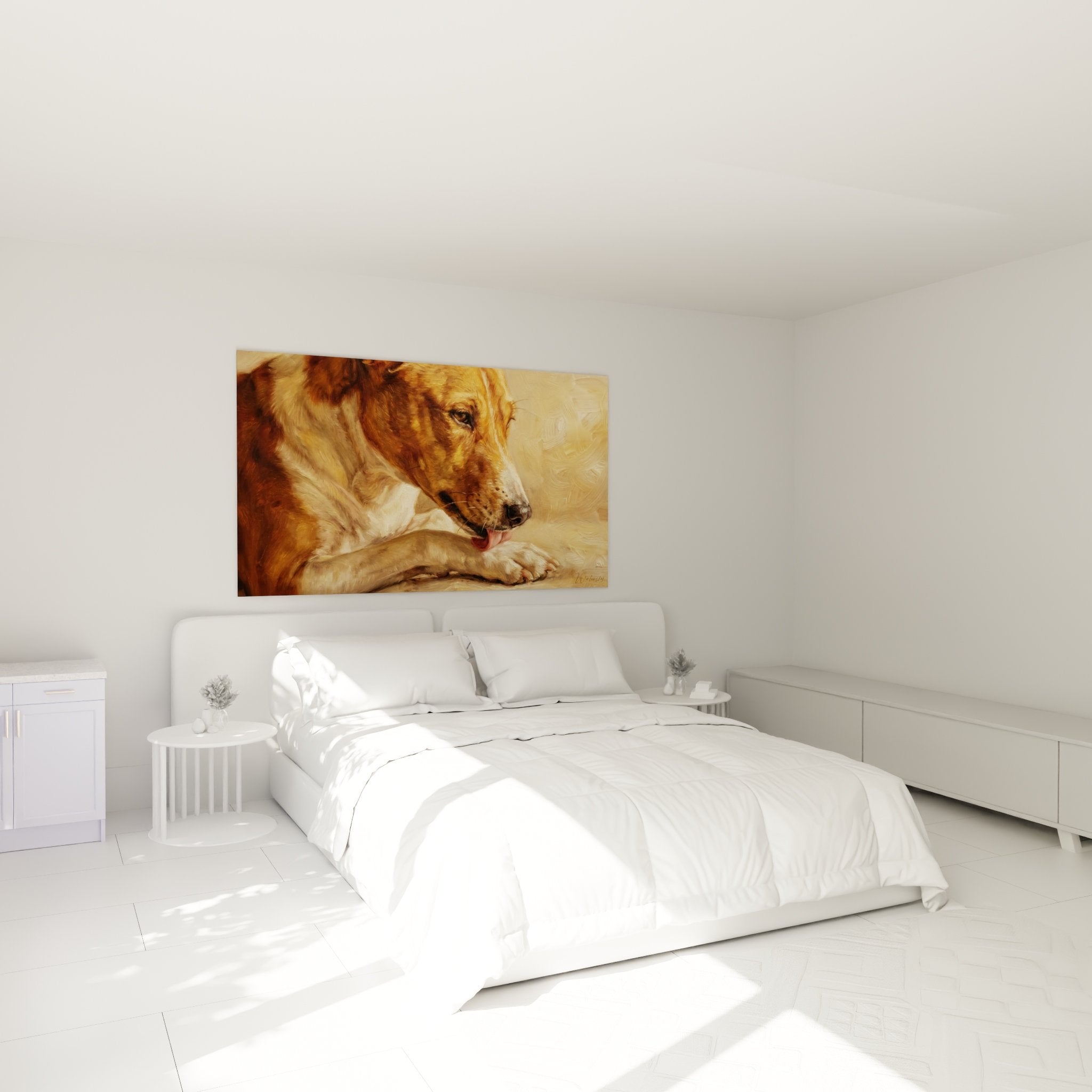 Basenji-Gemälde im Schlafzimmer Wanddeko roter Hund intimes Porträt warme Töne