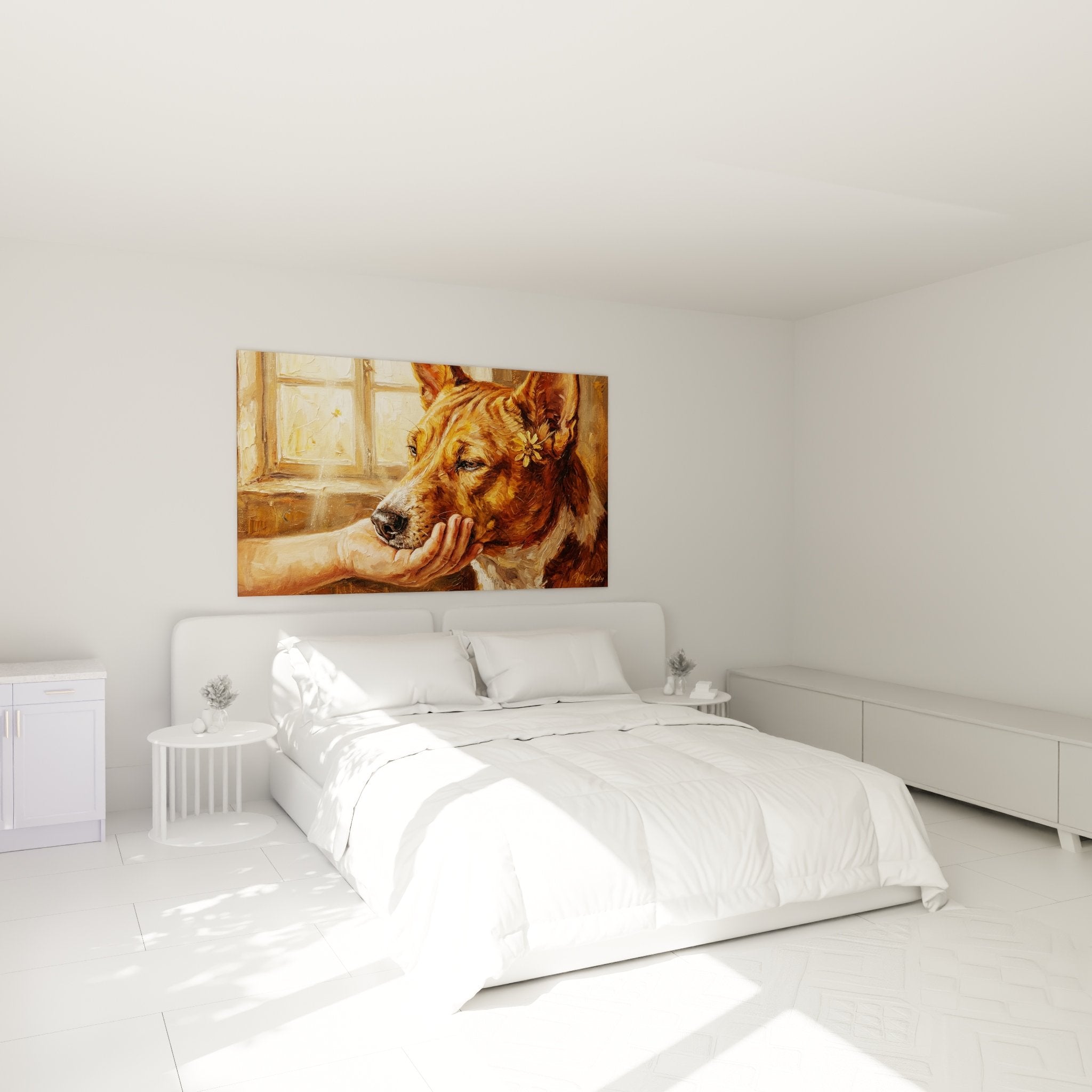 Basenji Gemälde in Rot und ausgestreckte Hand über einem Bett in einem Schlafzimmer mit warmen Tönen und natürlichen Holzmöbeln aufgehängt