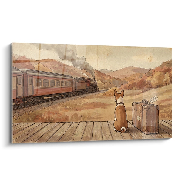 Tableau Basenji Roux Attendant sur Quai de Gare Vintage - L'Attente du Voyage - Edition Basenji