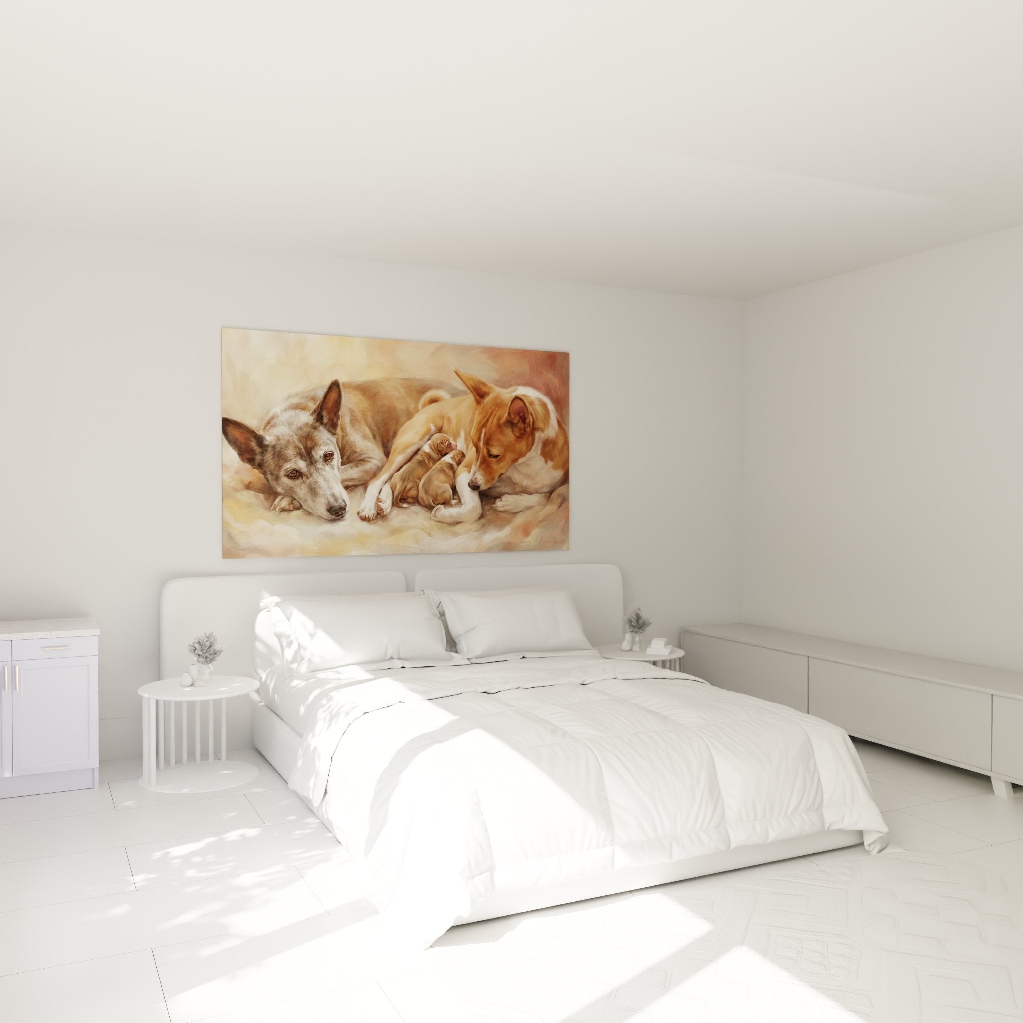 Basenji-Familienbild im modernen Schlafzimmer, warme Atmosphäre in Beigetönen