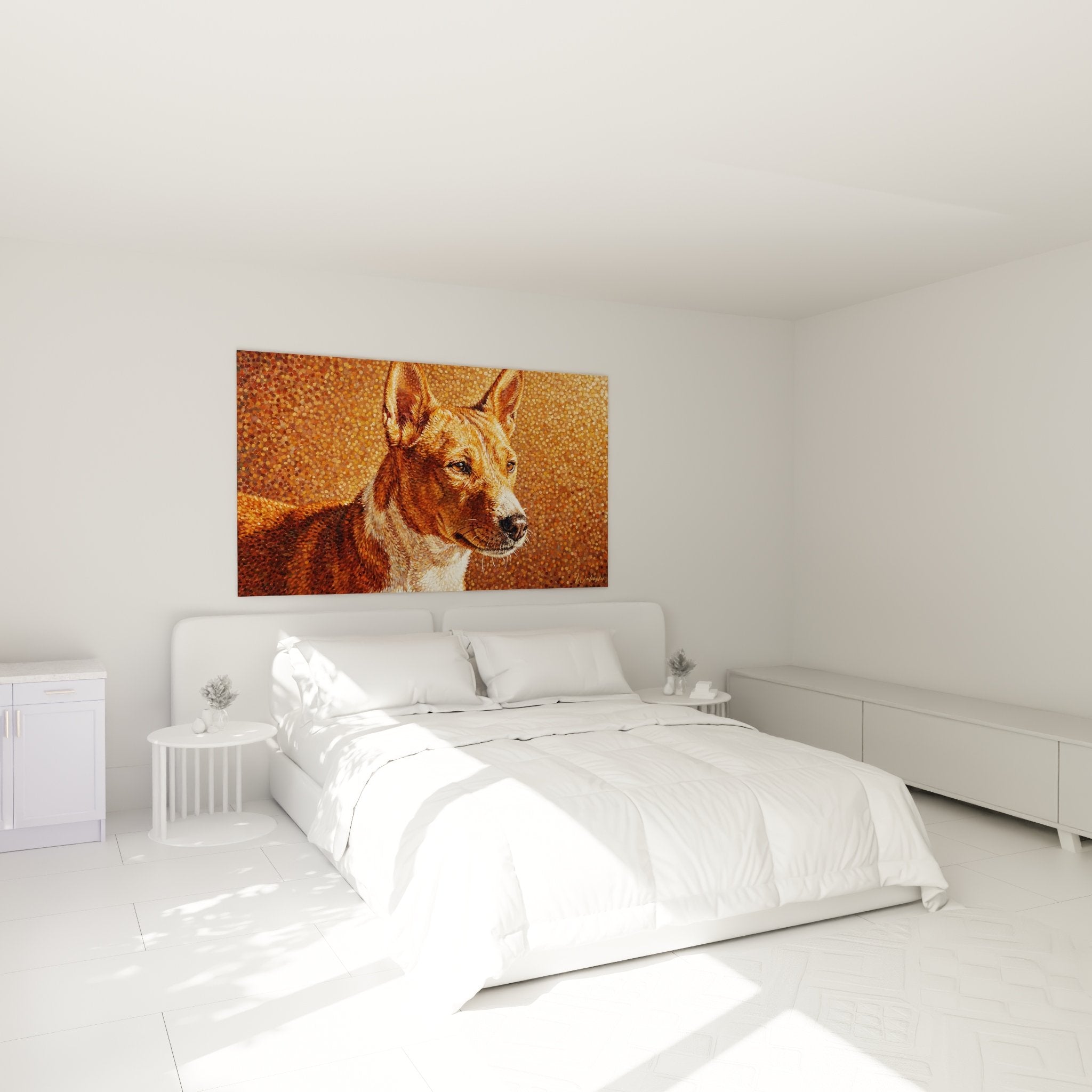 Basenji-Gemälde in Goldtönen in modernem Schlafzimmer mit beiger Dekoration und Naturholzmöbeln