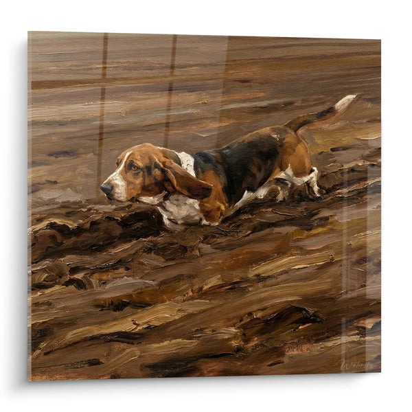 Tableau Basset Hound Allongé sur Terrain Brun - Repos Champêtre - Edition Basset Hound