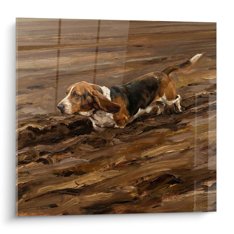 Tableau Basset Hound Allongé sur Terrain Brun - Repos Champêtre - Edition Basset Hound