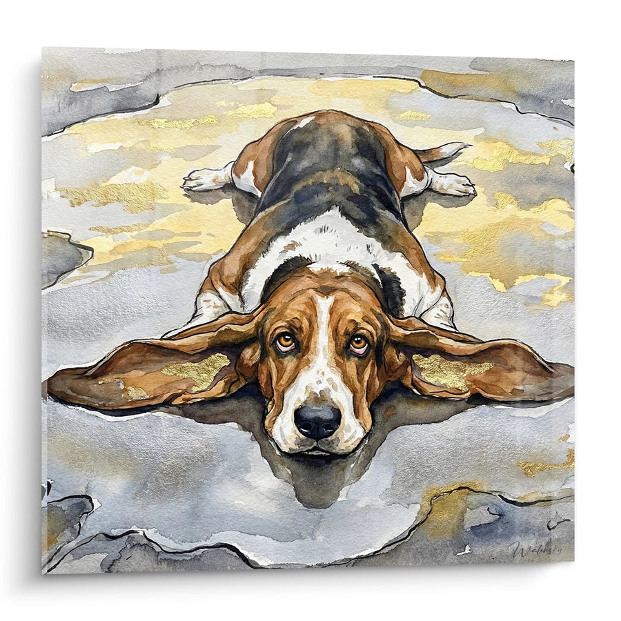 Tableau Basset Hound Allongé dans l'Eau - Regard Mélancolique - Edition Basset Hound