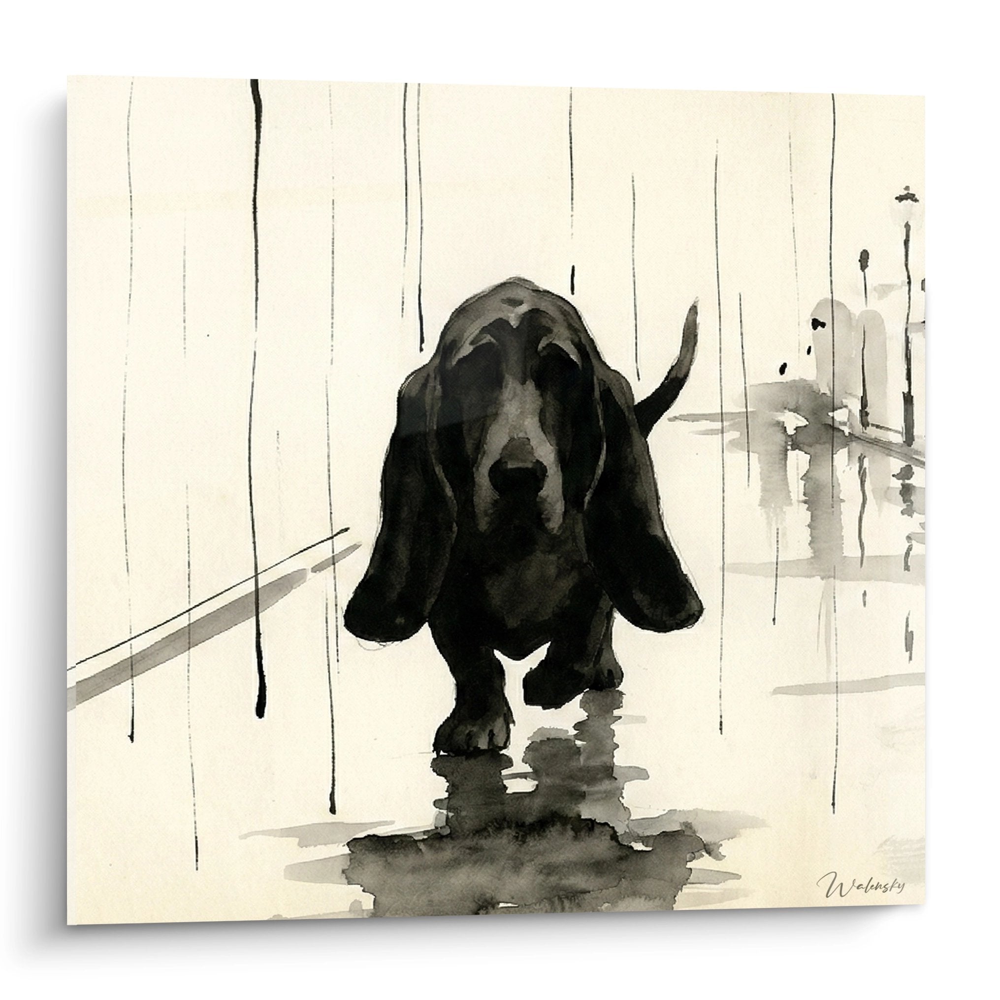 Basset Hound aquarelle sous la pluie, tons gris et beiges, art animalier émouvant sur fond clair