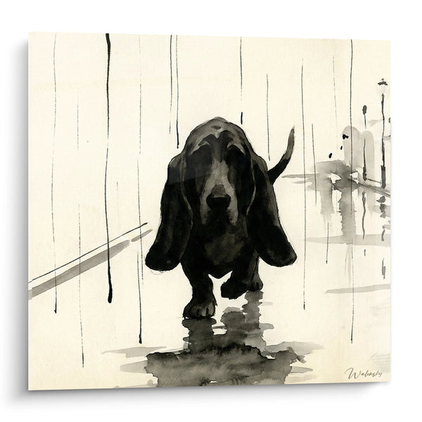 Cuadro de Basset Hound bajo la Lluvia Acuarela - Melancolía Canina - Edición Basset Hound