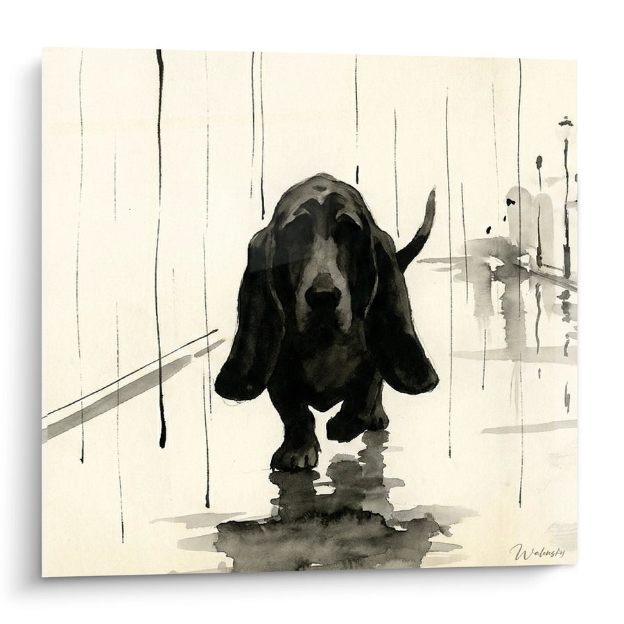 Schilderij Basset Hound onder de Regen Aquarel - Hondse Melancholie - Editie Basset Hound