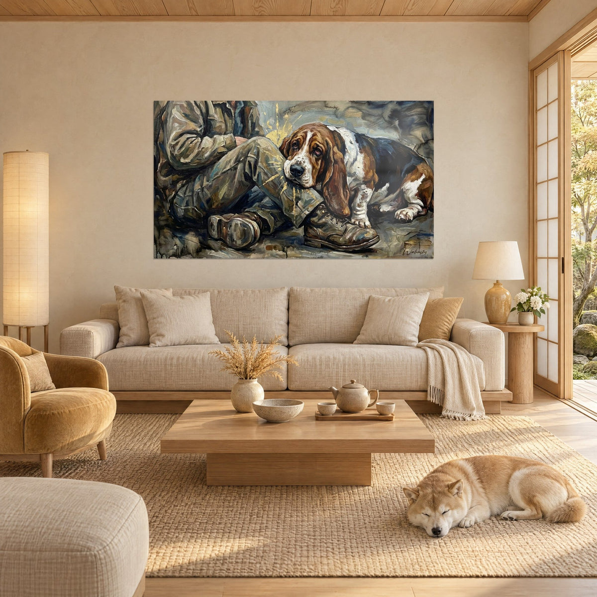 Wall art basset hound with brown ears, leaning against the boot of a khaki soldier with golden highlights, above a sofa in a bright living room
