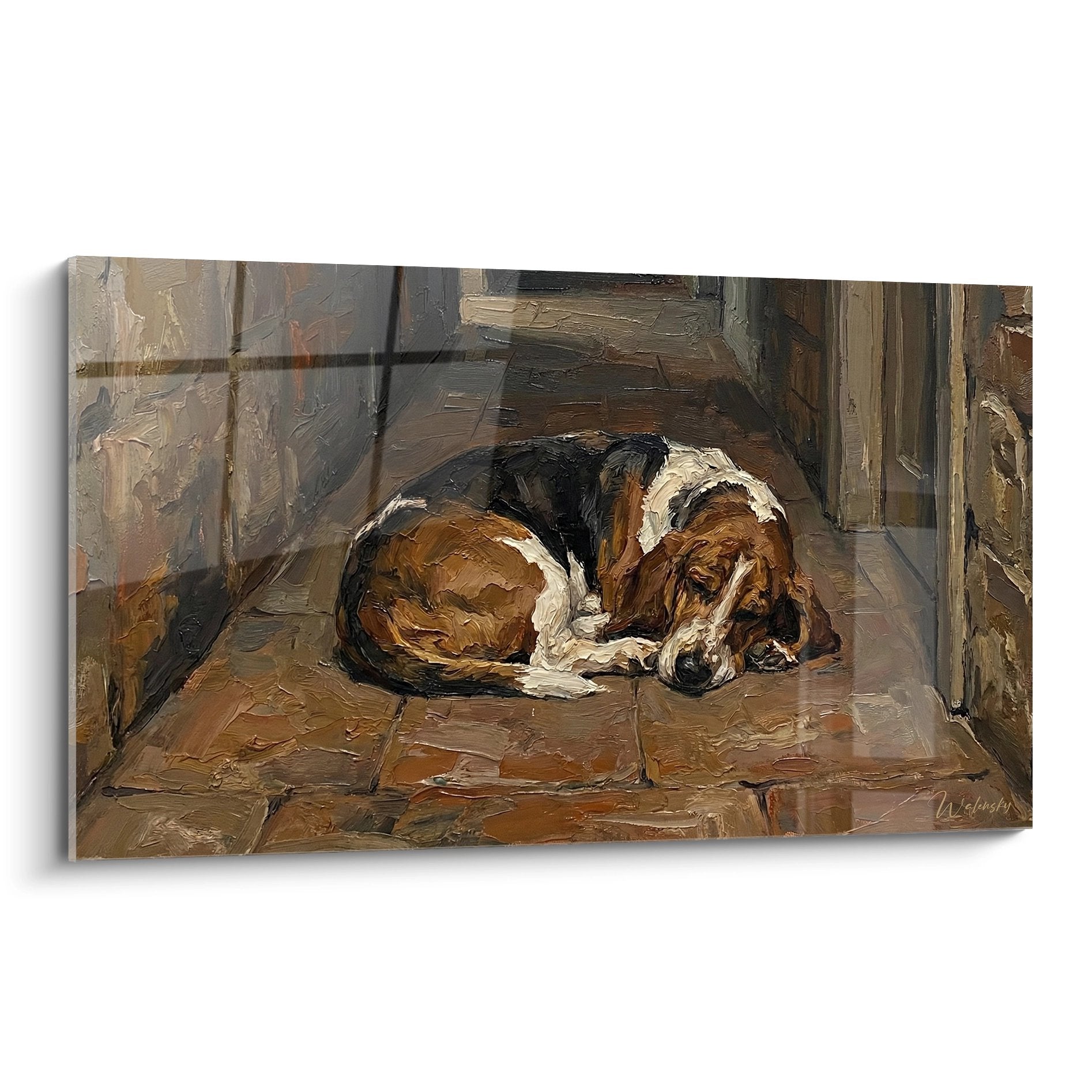 Basset Hound endormi sur carrelage ocre dans intérieur rustique, peinture tons chauds
