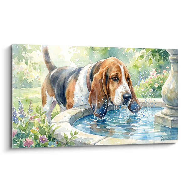 Cuadro del Basset Hound Bebiendo en la Fuente - Sed Refrescante - Edición Basset Hound