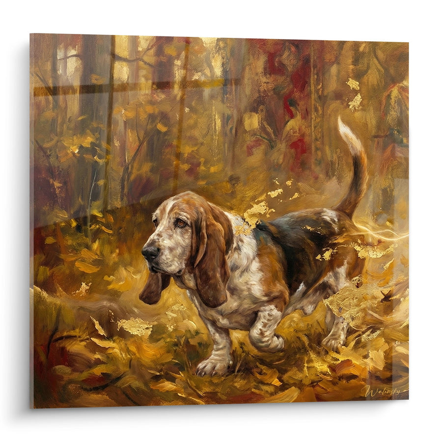Tableau Basset Hound dans la Forêt Automnale - Promenade Dorée - Edition Basset Hound