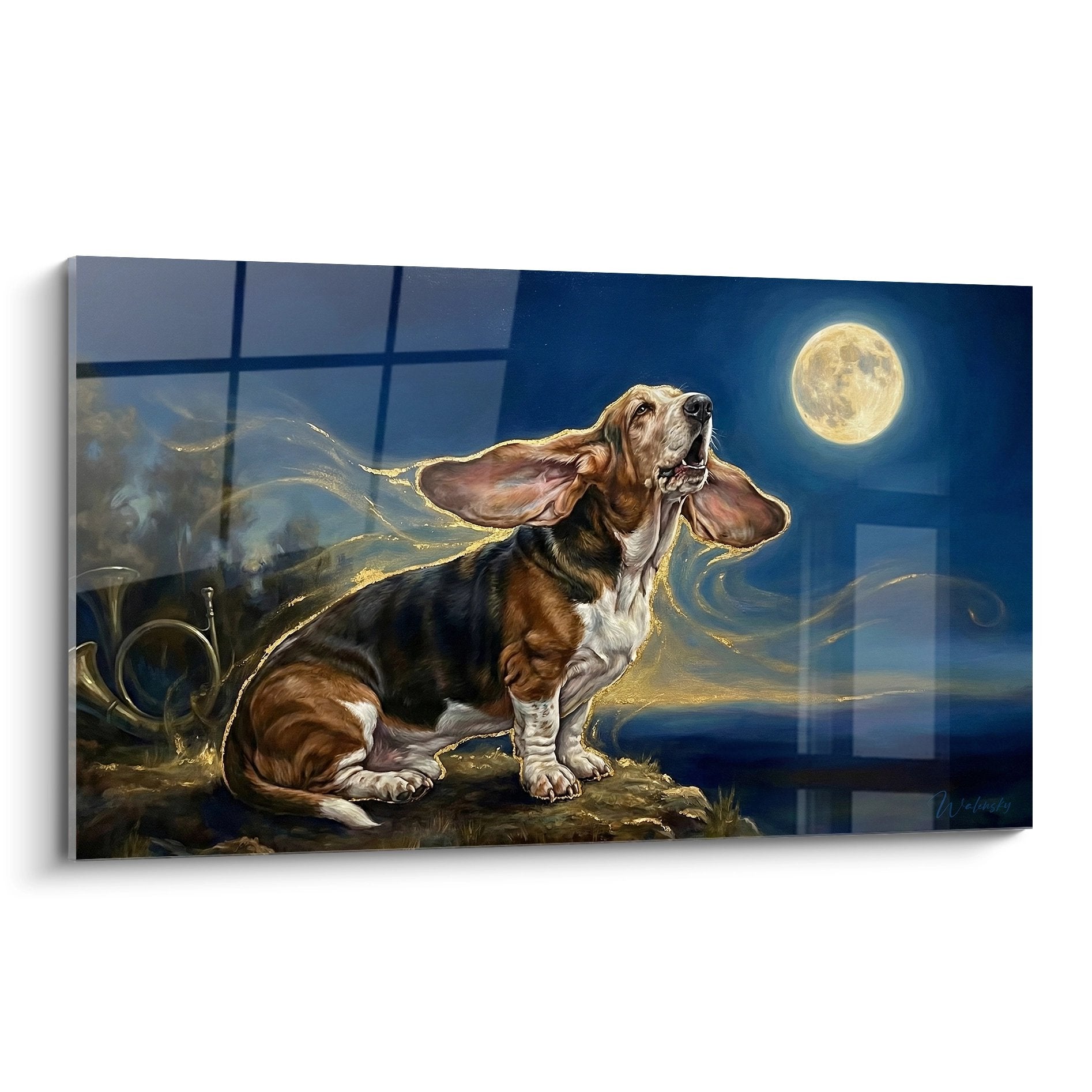 Tableau basset hound tricolore contemplant la lune pleine depuis une fenetre avec volutes dorees nocturne