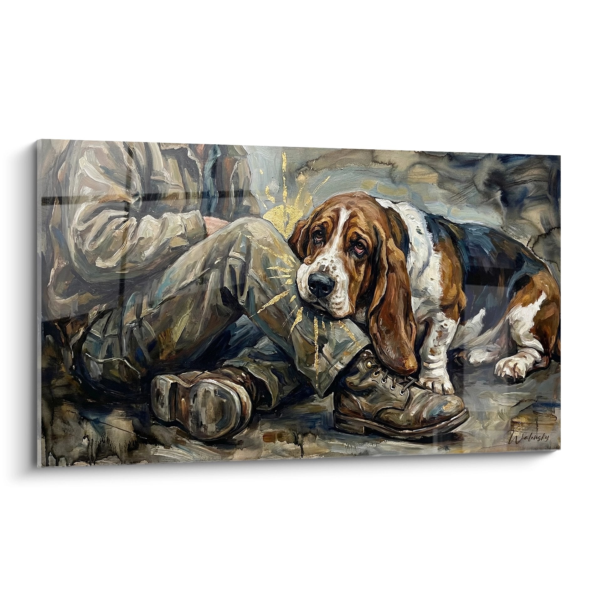 Tableau représentant un Basset Hound aux yeux expressifs près d'équipements militaires avec reflets dorés