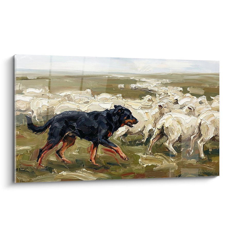 Schwarzer und fauver Schafhirtenhund bei der Herdenbewachung - Pastoralszene - Beauceron-Edition