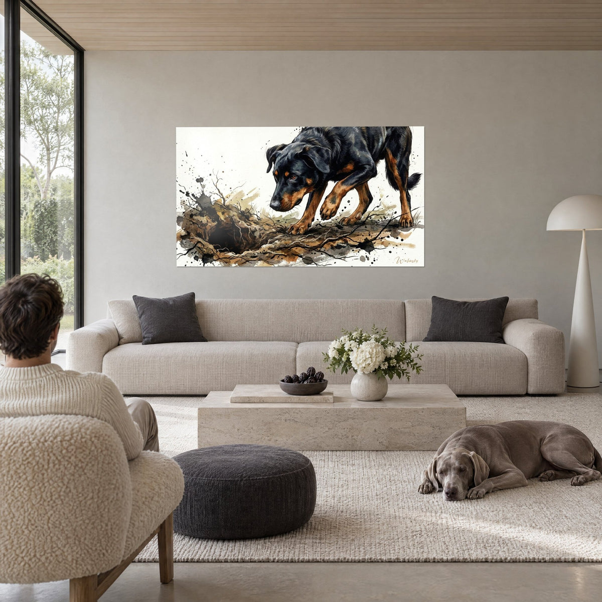 Quadro beauceron nero e fulvo che annusa il terreno, terra bruna schizzata d'inchiostro, sopra un divano in un soggiorno luminoso