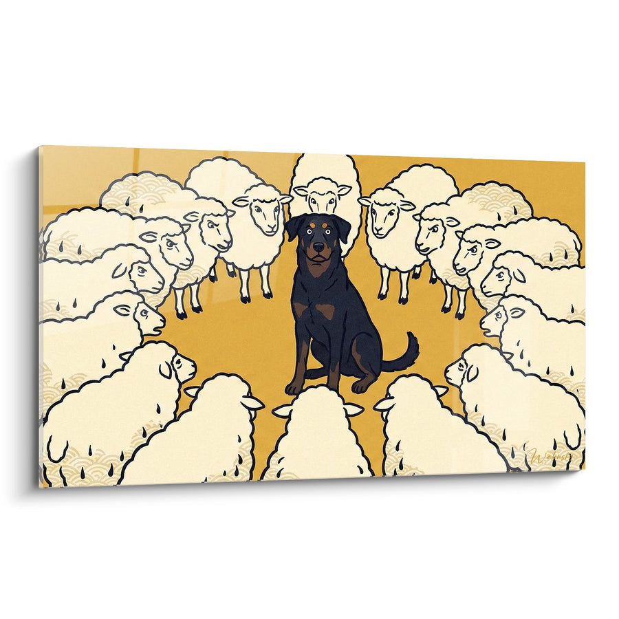 Tableau Beauceron Noir et Feu au Milieu des Moutons - Le Gardien Fidèle - Edition Beauceron