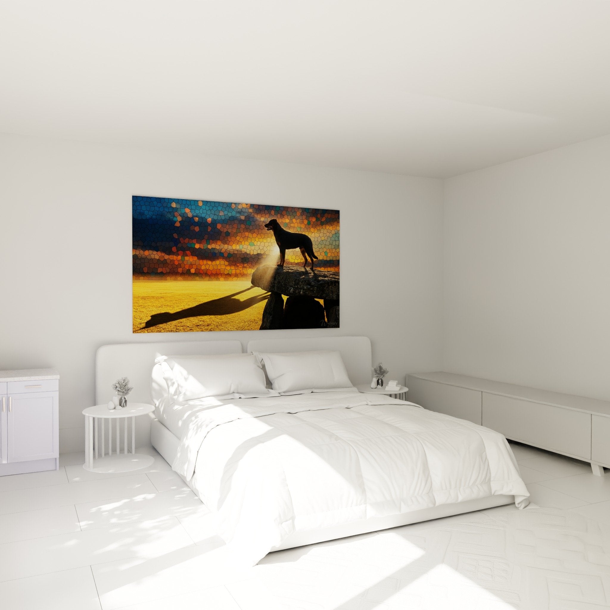 Tableau beauceron mosaique dore chambre decoration murale chien berger coucher soleil ambiance chaleureuse