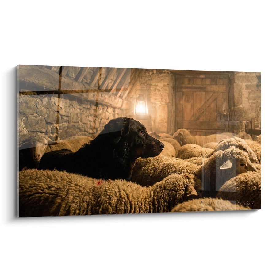 Tableau Chien Noir au Milieu des Moutons dans une Bergerie - Gardien Fidèle - Edition Beauceron