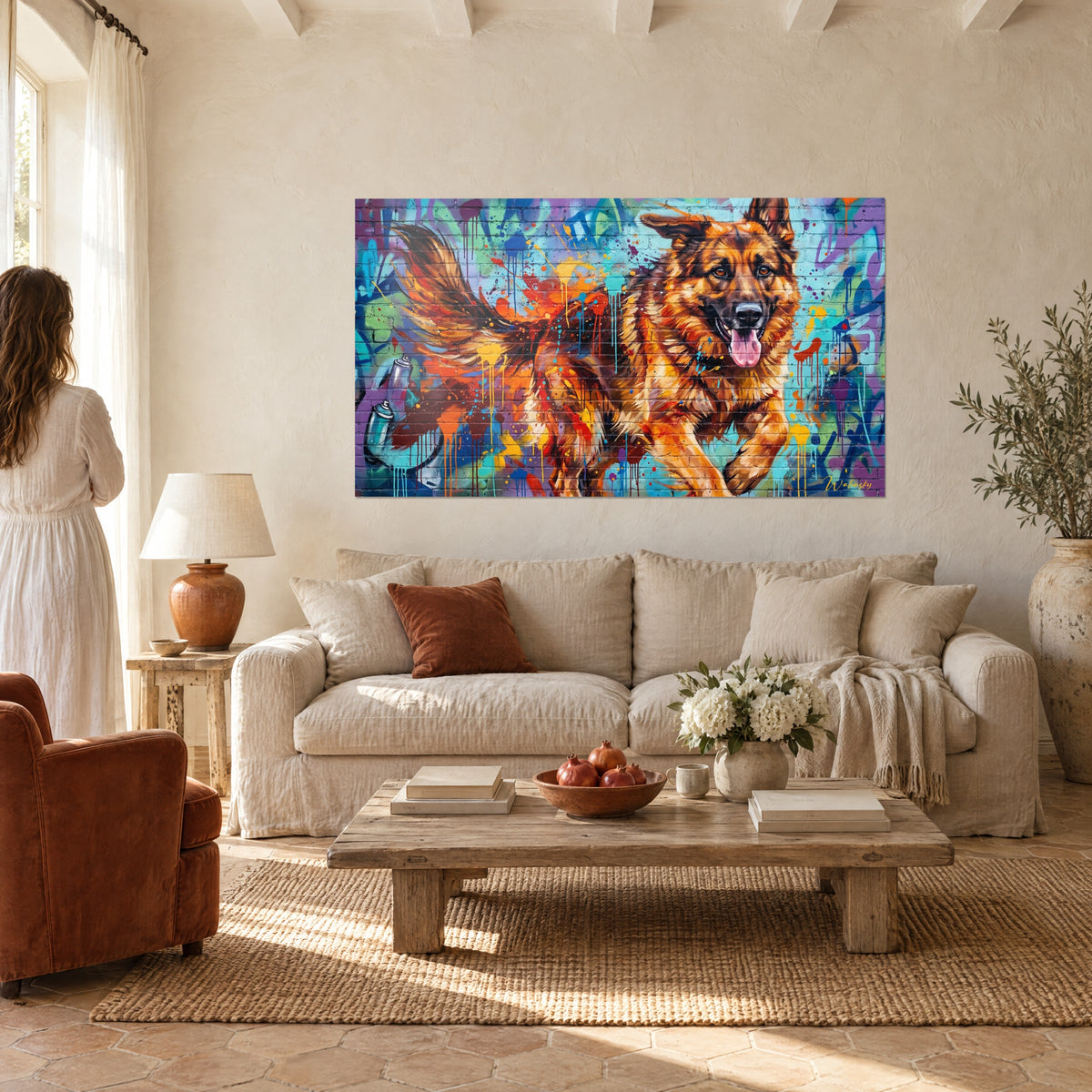 Schilderij fauve en zwarte herdershond in volle galop voor een turquoise en oranje bakstenen muur, bank en Provençaalse woonkamer