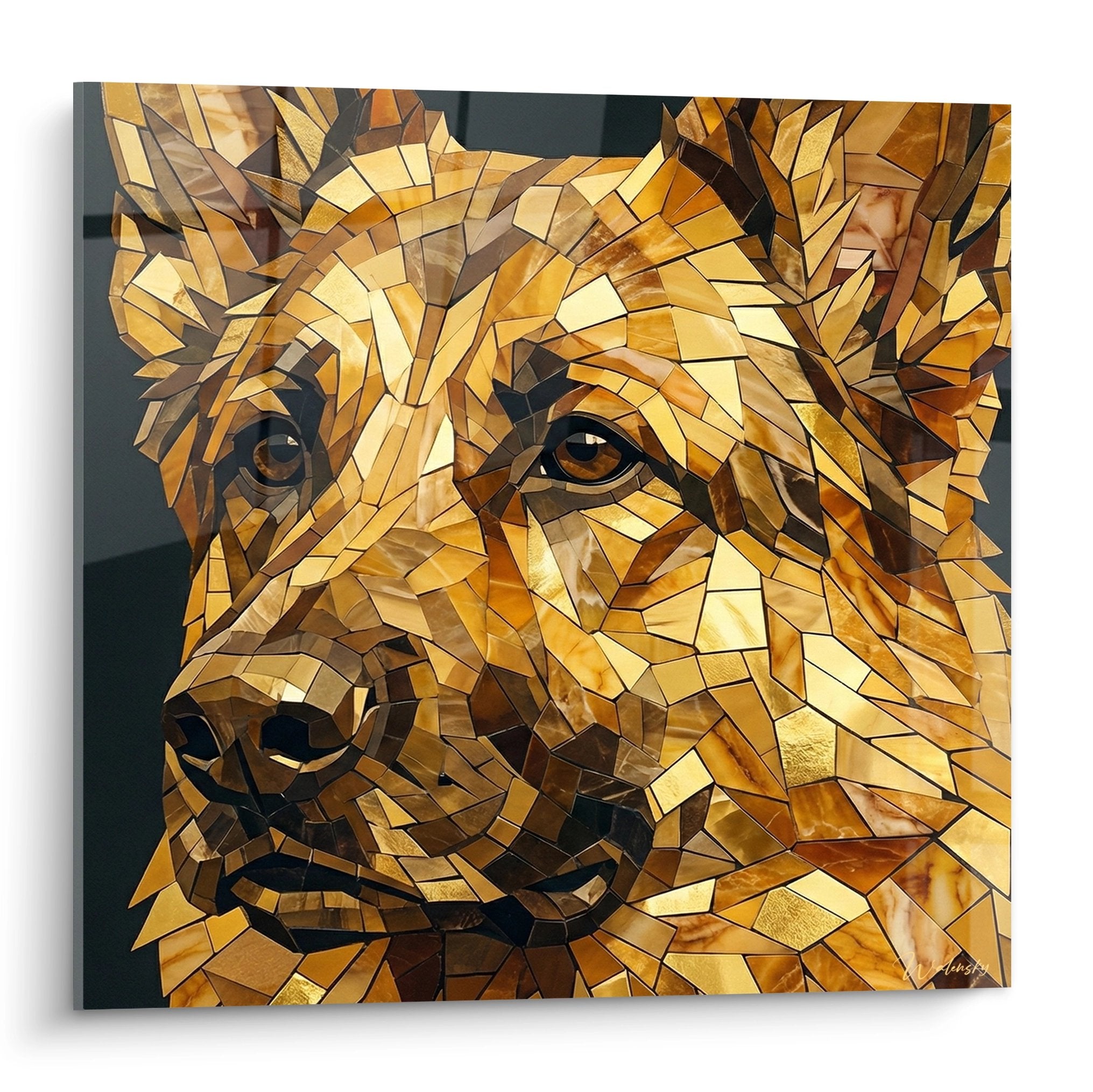 Portrait berger allemand mosaique doree cuivree technique geometrique art contemporain regard intense