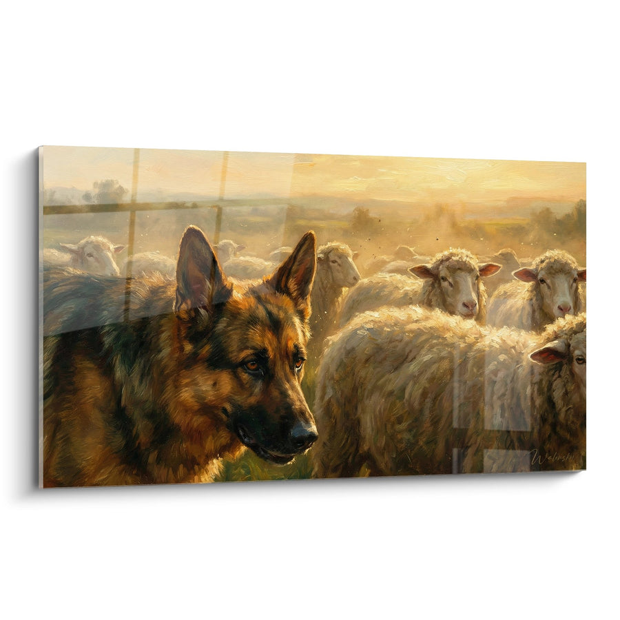 Tableau Berger Allemand et Troupeau au Coucher du Soleil - Gardien Fidèle - Edition Tableau Berger Allemand