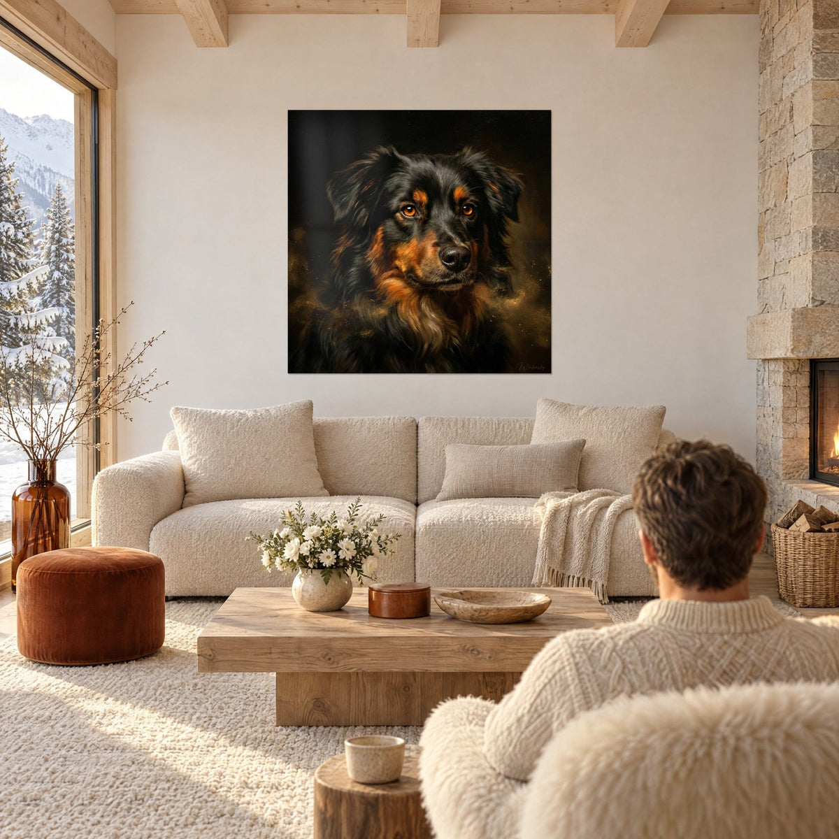 Cuadro retrato canino de pelaje negro y cobrizo, mirada ámbar sobre fondo oscuro, encima de un sofá en un salón luminoso