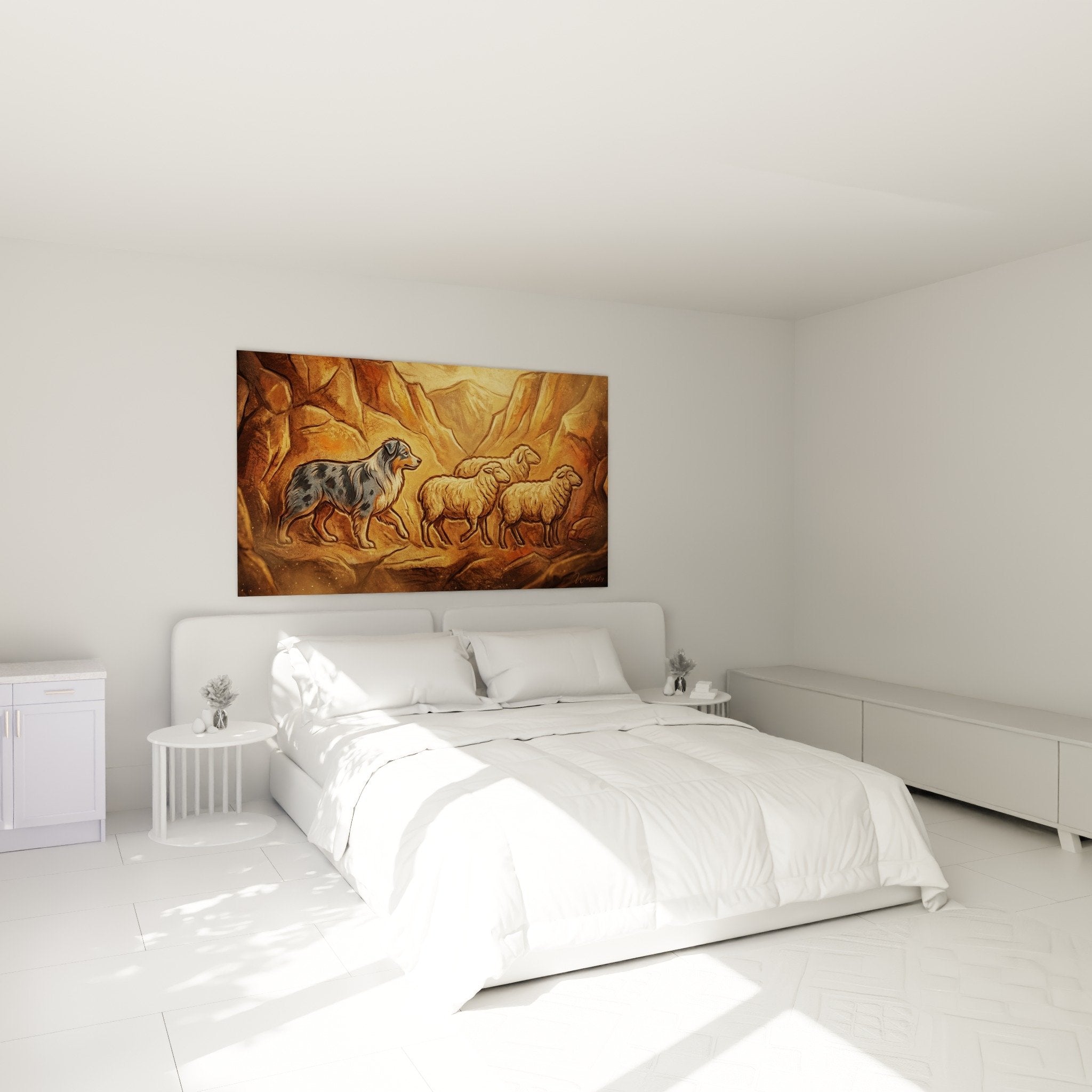 Berger americain miniature avec moutons dans chambre, décoration murale aux nuances dorées apaisantes