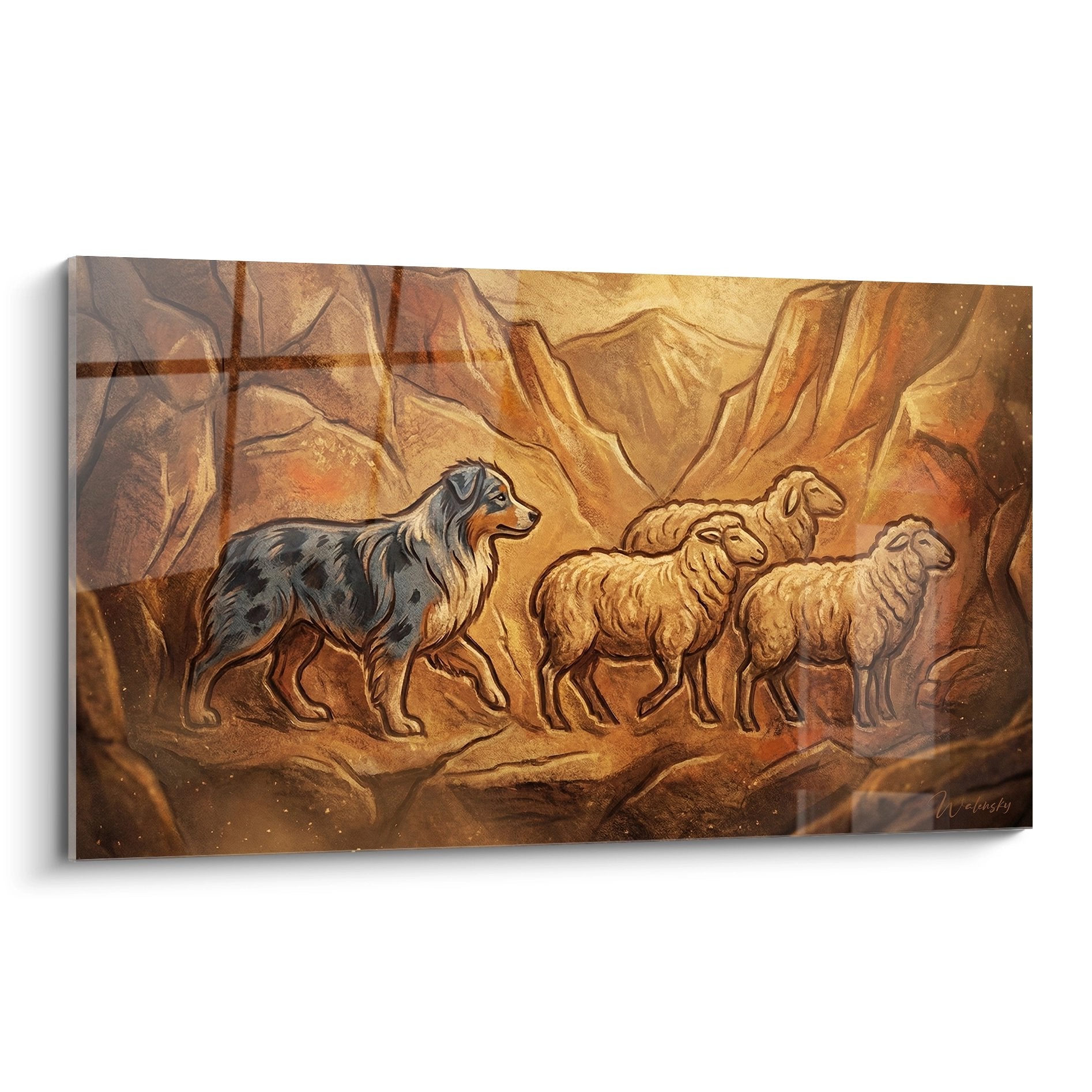 Tableau berger americain miniature gardant moutons dans grotte dorée aux tons ocre et bronze chaleureux