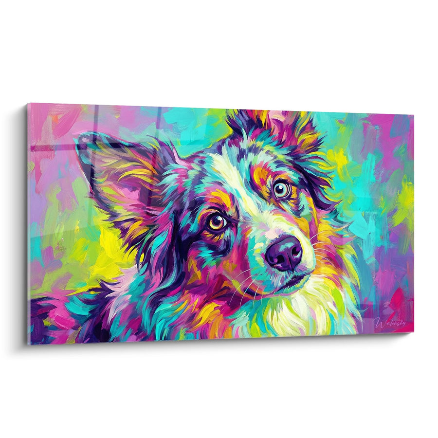 Gemälde Hund Mehrfarbig mit Lebendigen Farben - Ausdrucksstarkes Porträt - Miniatur-Amerikanischer Schäferhund Edition