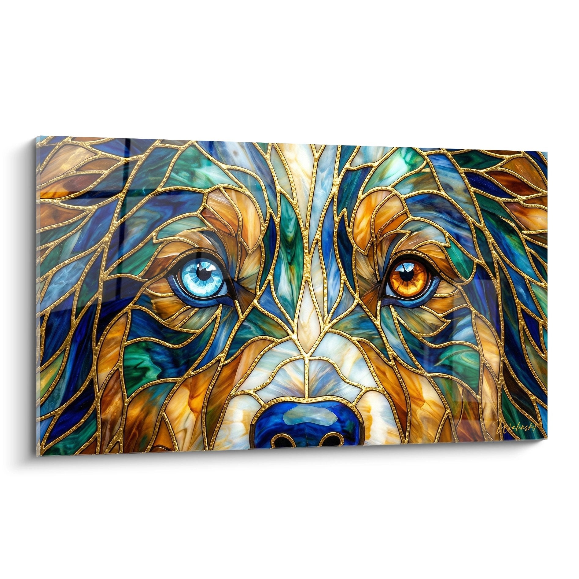 Portrait Berger Américain Miniature style vitrail yeux vairons bleu ambré mosaïque dorée colorée