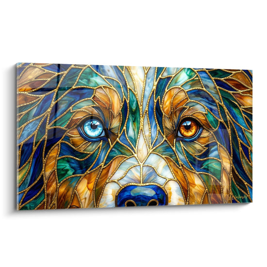 Portrait Berger Américain Miniature style vitrail yeux vairons bleu ambré mosaïque dorée colorée
