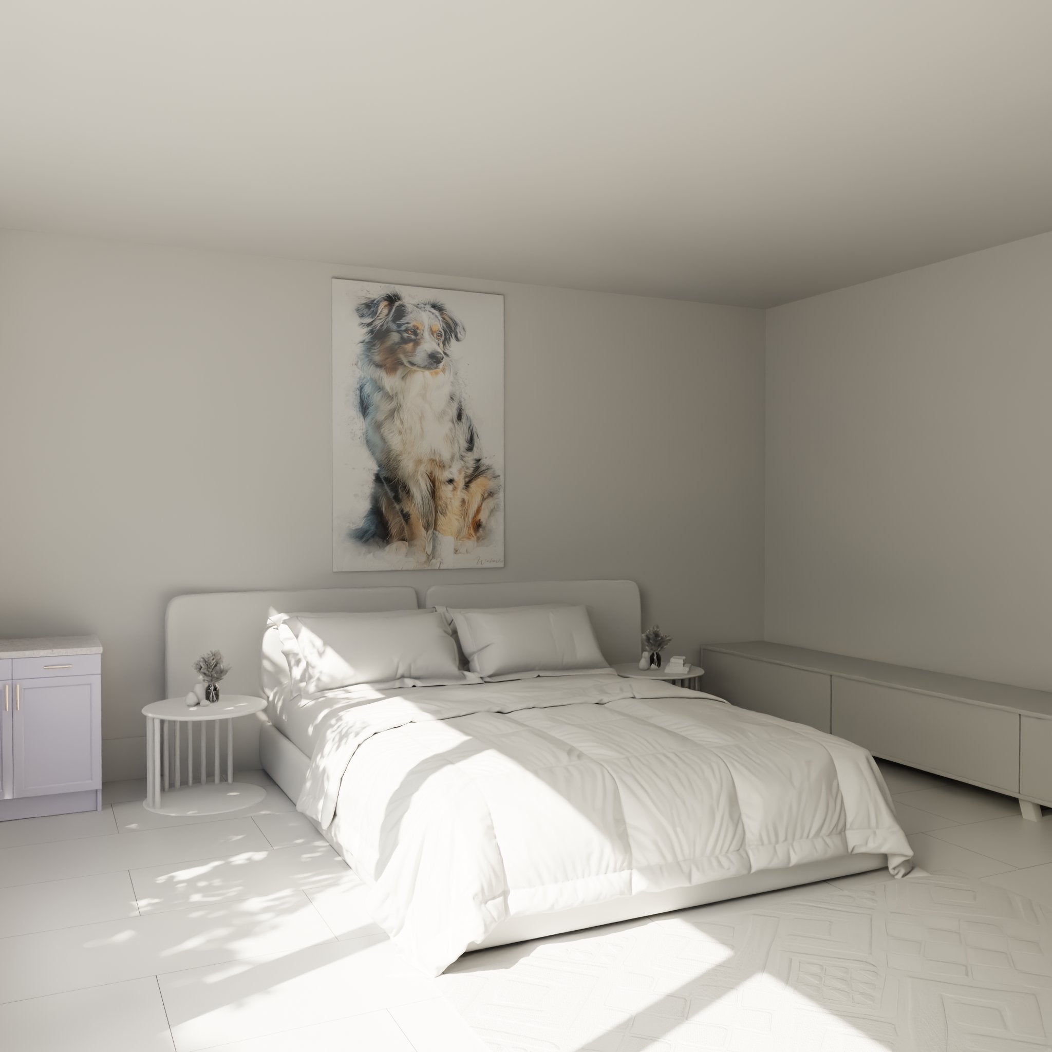 Australian shepherd portrait watercolor wall art bedroom decoration cozy ambiance blue tones