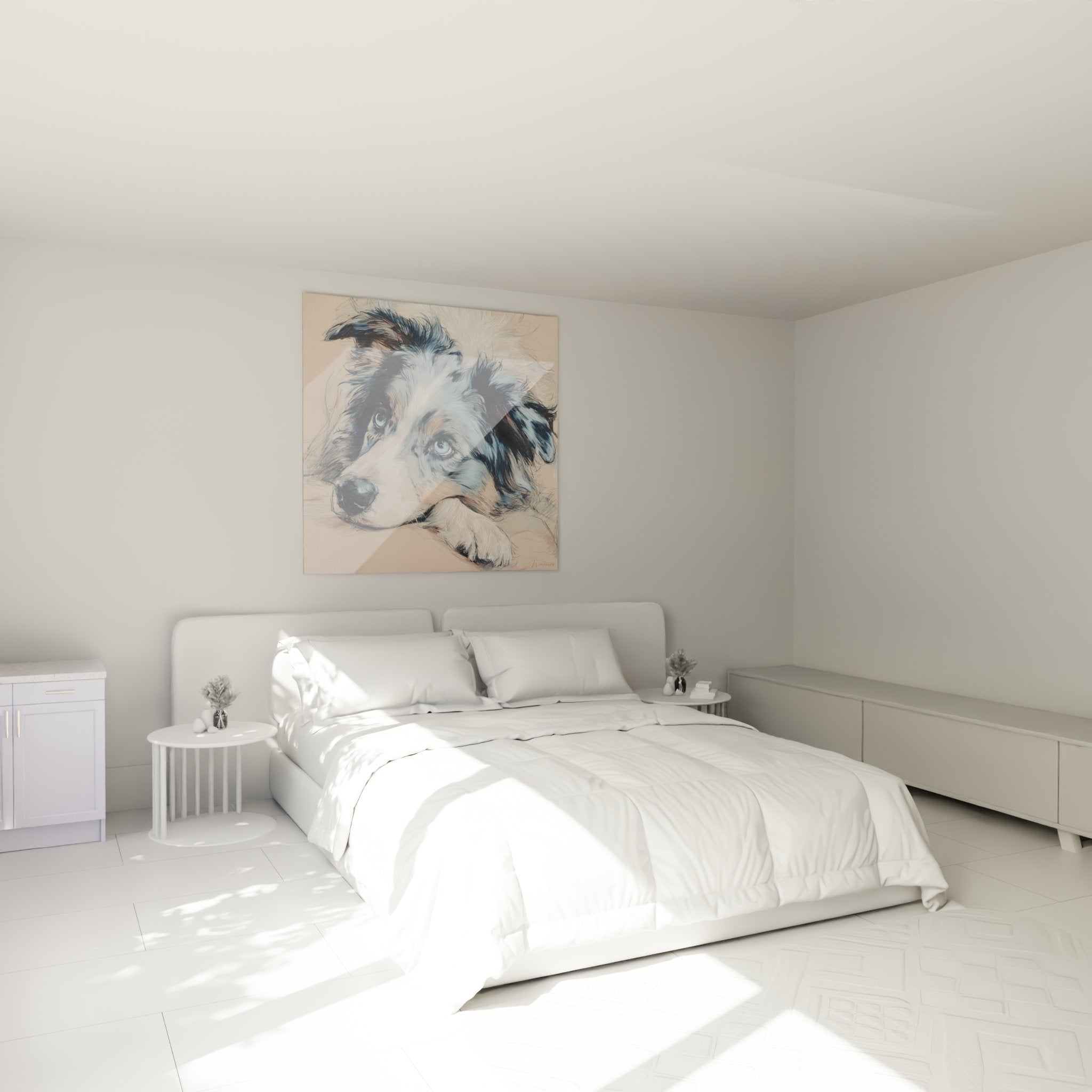 Australian Shepherd Blue Eyes Canvas Hung in Modern Bedroom, Decorative Canine Portrait Pastel Style