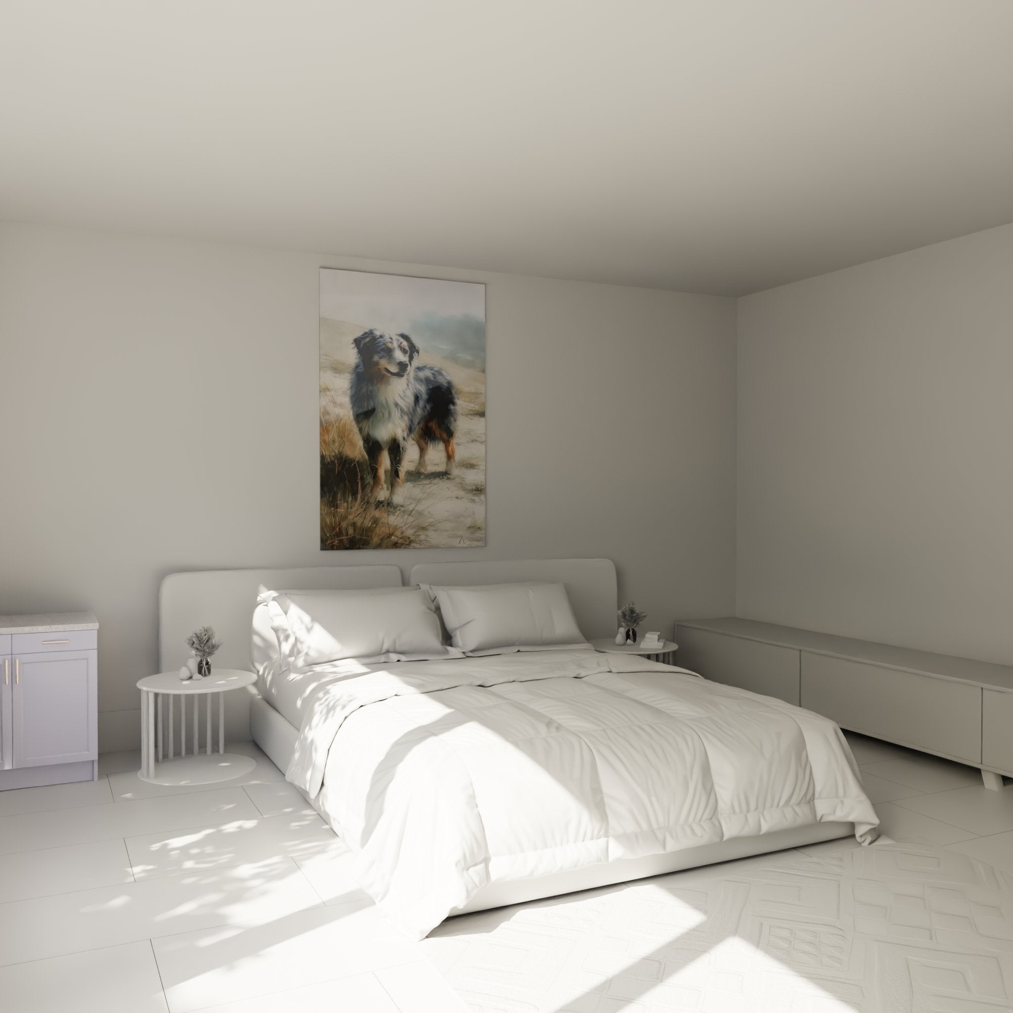 Contemplative Australian Shepherd artwork displayed in modern bedroom with natural tones
