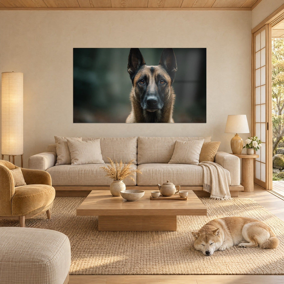 Wall art Malinois portrait with amber eyes and upright ears, fawn coat and black muzzle, sleeping Shiba, above a sofa in a bright living room