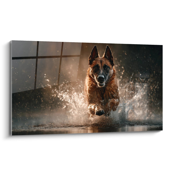 Cuadro de Pastor Belga Malinois Corriendo en el Agua - Estallido de Poder - Edición Pastor Belga Malinois