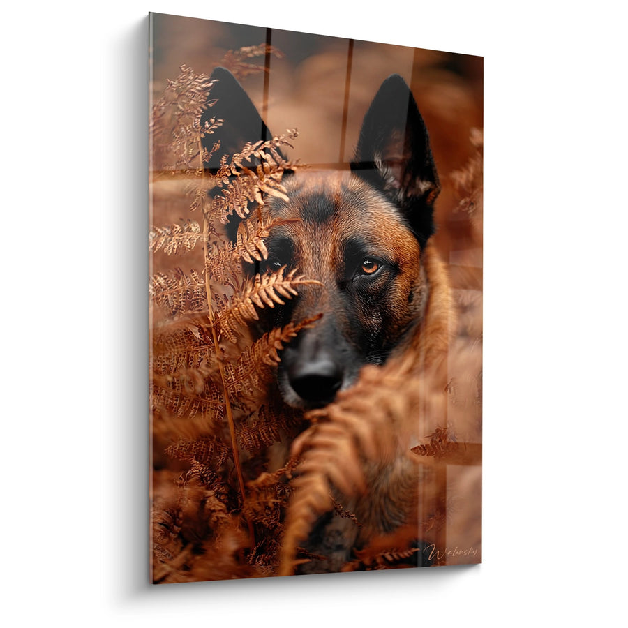 Tableau Berger Belge Malinois dans les Fougères Dorées - Portrait Automnal - Edition Berger Belge Malinois