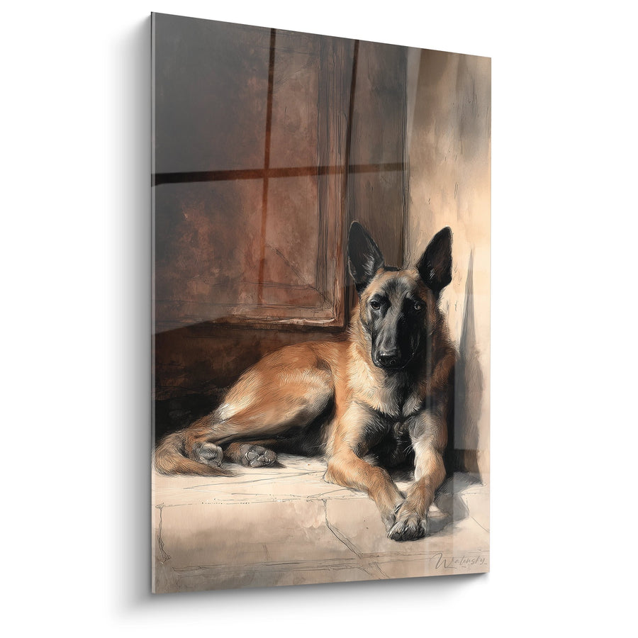 Schilderij Belgische Herdershond Malinois in Rust in een Zonnige Erf - Caniene Kalmte - Editie Belgische Herdershond Malinois